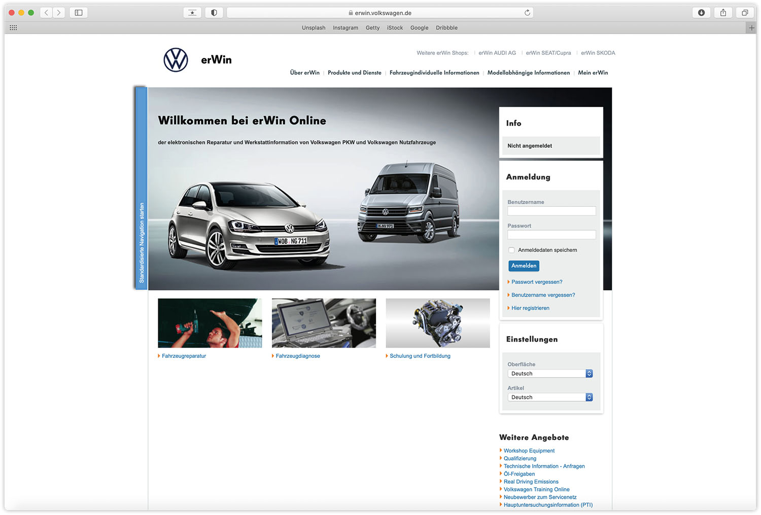 Die Online-Ansicht des Herstellerportals von Volkswagen.
