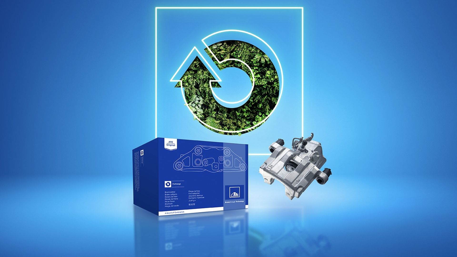 Imagebild mit verpacktem Bremssattel und Symbol für nachhaltige Kreislaufwirtschaft vor blauem Hintergrund.